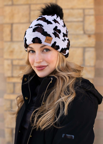 Fleece Lined Leopard Pompom Hat (Youth & Adult sizes available)