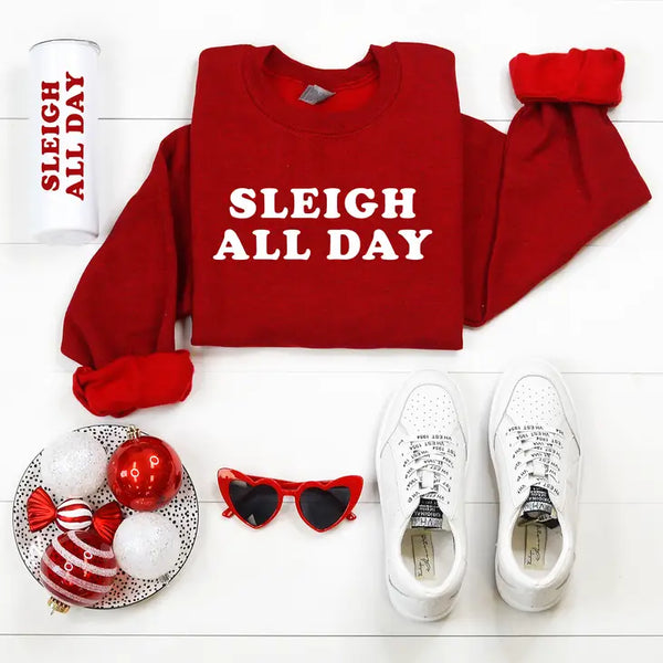 Sleigh All Day Heather Red Graphic Crewneck Sweatshirt