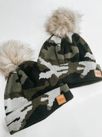 Green Camo pom pom knit hat (Youth & Adult size available)